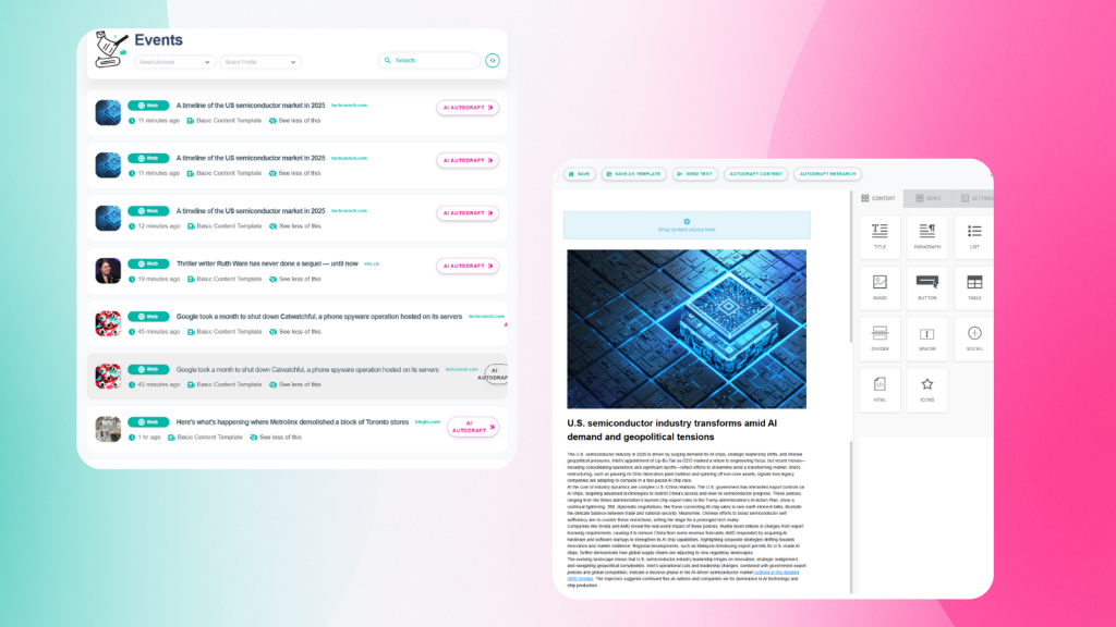 ContentEngine UI showing the Events page with trending topics and the Content Builder with an auto-generated draft ready to edit and publish.