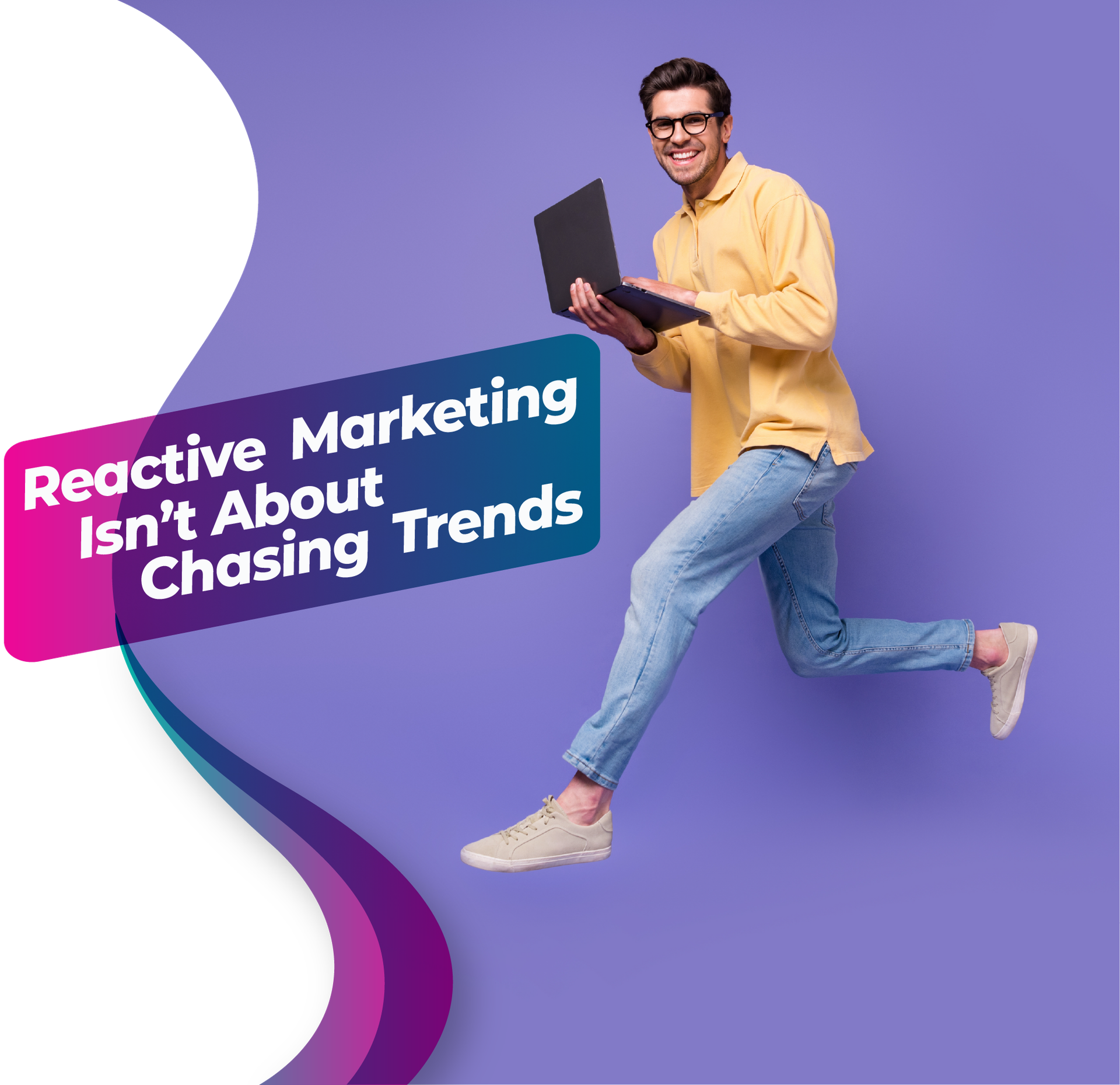 Marketer jumping with a laptop representing fast-paced reactive marketing and real-time content creation.
