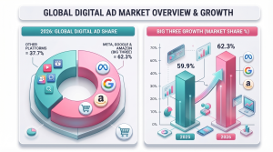 An infographic showing global digital advertising market share projections for 2026. A donut chart shows the "Big Three"—Meta, Google, and Amazon—controlling 62.3% of the market, while a bar graph illustrates growth from 59.9% in 2025 to 62.3% in 2026.