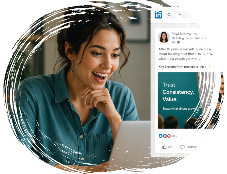 Woman smiling while viewing engaging content on laptop with LinkedIn post visible on screen