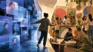 oman stepping from a synthetic AI-driven digital world into a warm physical space filled with real people and human interaction.