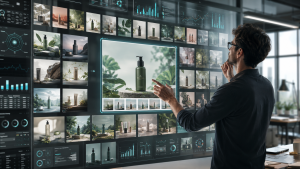 Marketer reviewing AI-generated advertising concepts, campaign variations and performance data in a digital workspace
