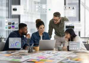 Marketing team collaborating around a laptop with connected AI workflow and analytics interfaces
