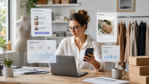 Small business owner using AI tools to manage marketing content, social media posts, and campaign analytics