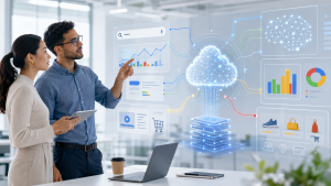 Marketing professionals reviewing Google Cloud, AI, advertising analytics and ecommerce data in a modern office.