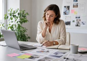 Marketing professional using human judgment to review AI-generated analytics and campaign materials
