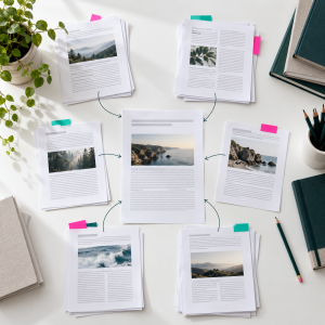 Printed research pages arranged around a central article to represent connected coverage of a subject