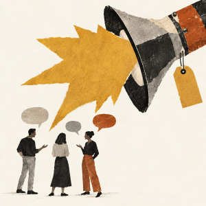Three people engaging in conversation with a megaphone, symbolizing amplified brand communication.