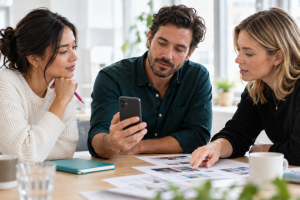 Marketing team reviewing a smartphone and printed content plans around an office table.