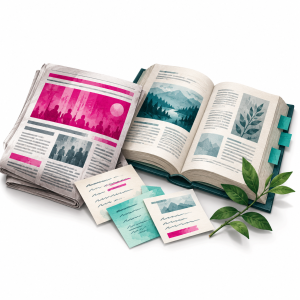 Illustrated newspaper beside an open reference book with teal tabs and a leafy sprig.
